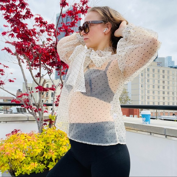 COPY - Transparent Polka Dot Puff Sleeve Shirt Bishop Statement Sleeves Neck Bow - Picture 12 of 16